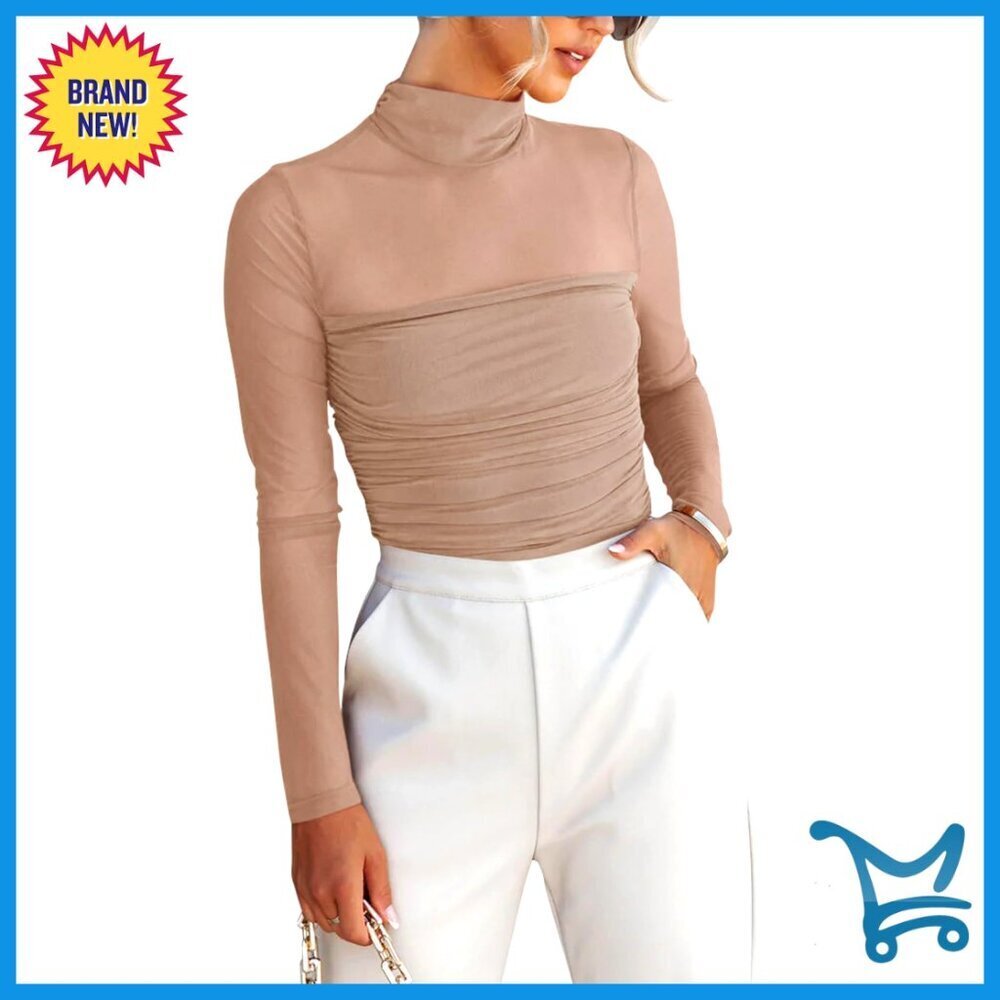 Sheer Mesh Mock Neck Long Sleeve Bodysuit Ruched Y2K Chic Going Out Top